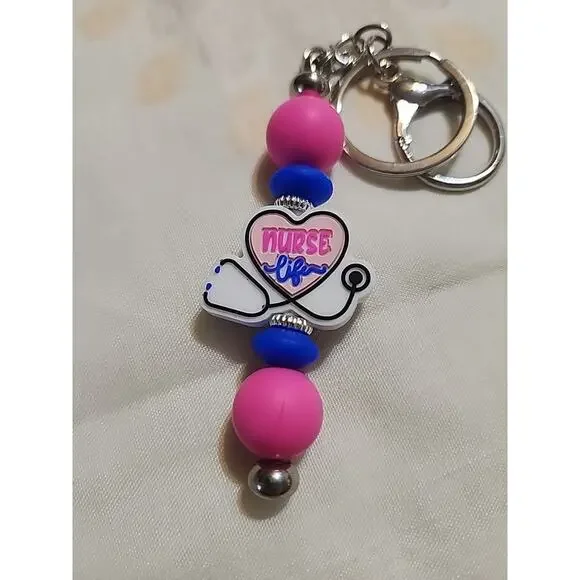 Silicone Bead Keychain 'Nurse Life' Pink & Blue Stethoscope Handmade - Picture 3 of 4